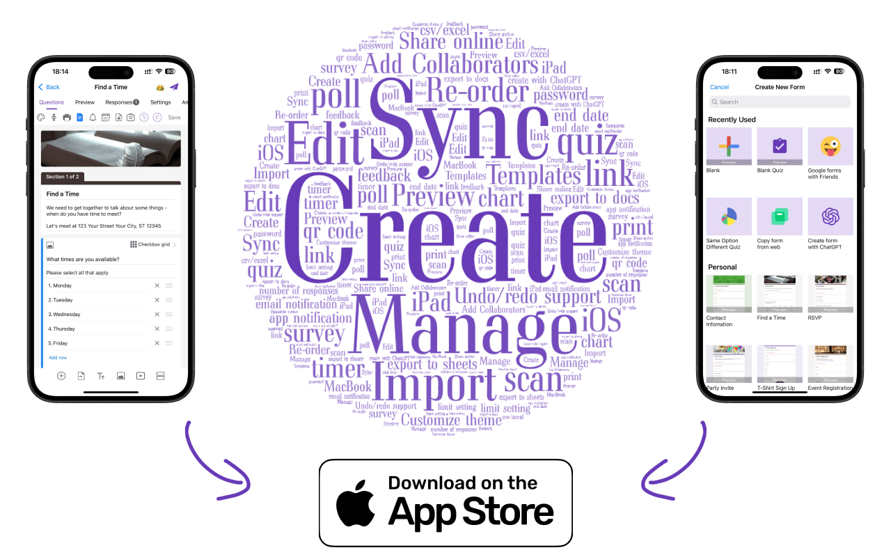 Google Forms iOS App iOS App - Main interface with over 100 Google Forms features and add-ons