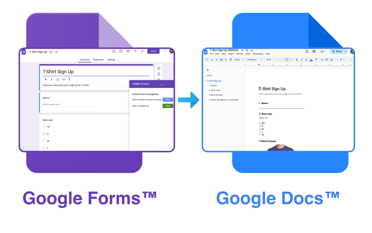 Google Forms to Doc - Main interface of the add-on for converting Google Forms to Google Docs