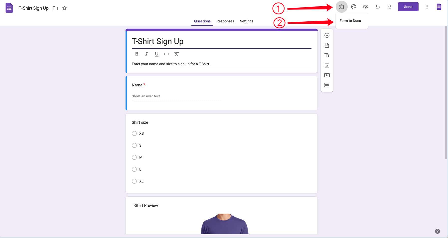 Google Forms to Doc - Selection process from the Google Forms add-ons menu