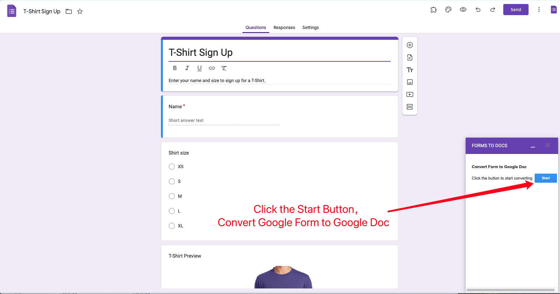 Google Forms to Doc - Conversion interface with start button for initiating the form to document process