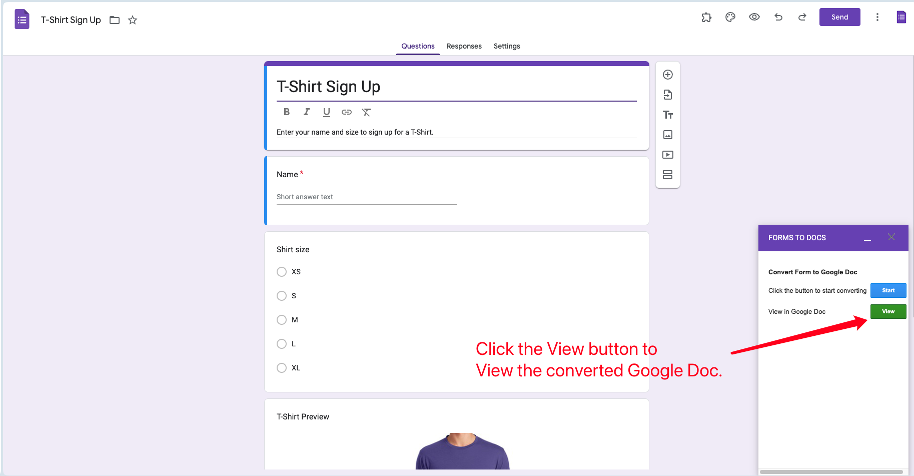 Google Forms to Doc - Preview of the converted Google Docs document with view button