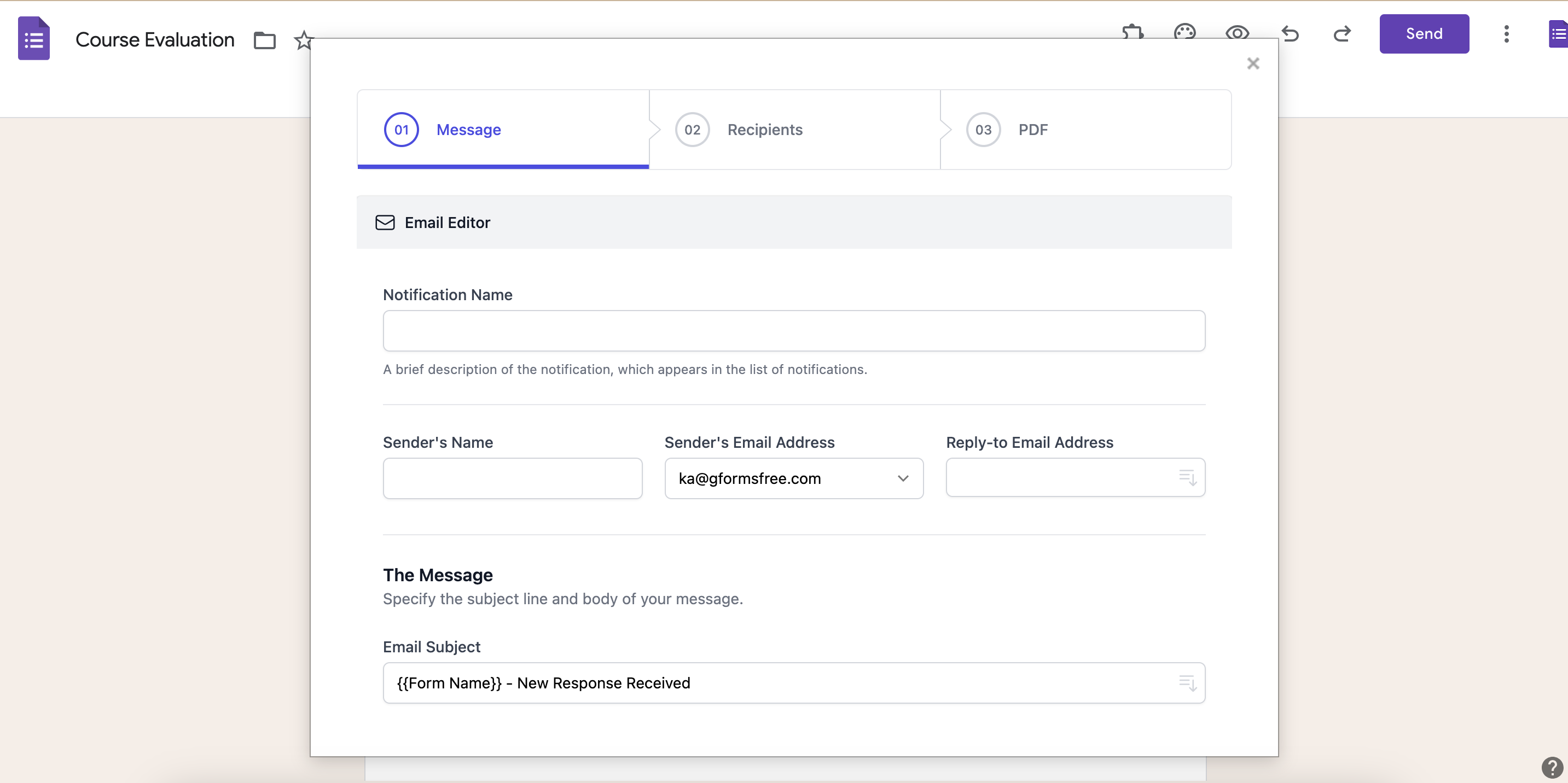Google Forms Notification - Main interface of the notification add-on with multiple integration options