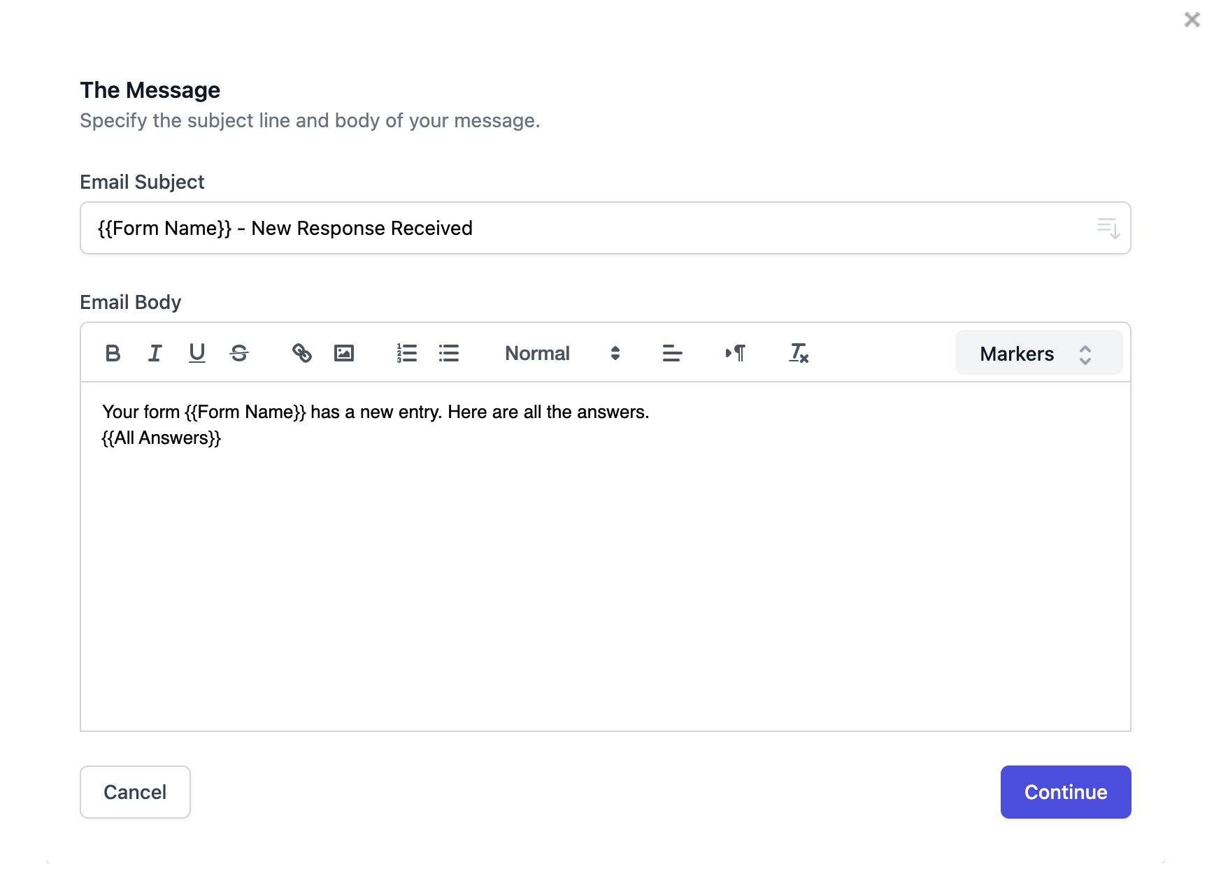 Google Forms Notification - Email template customization screen with form field insertion