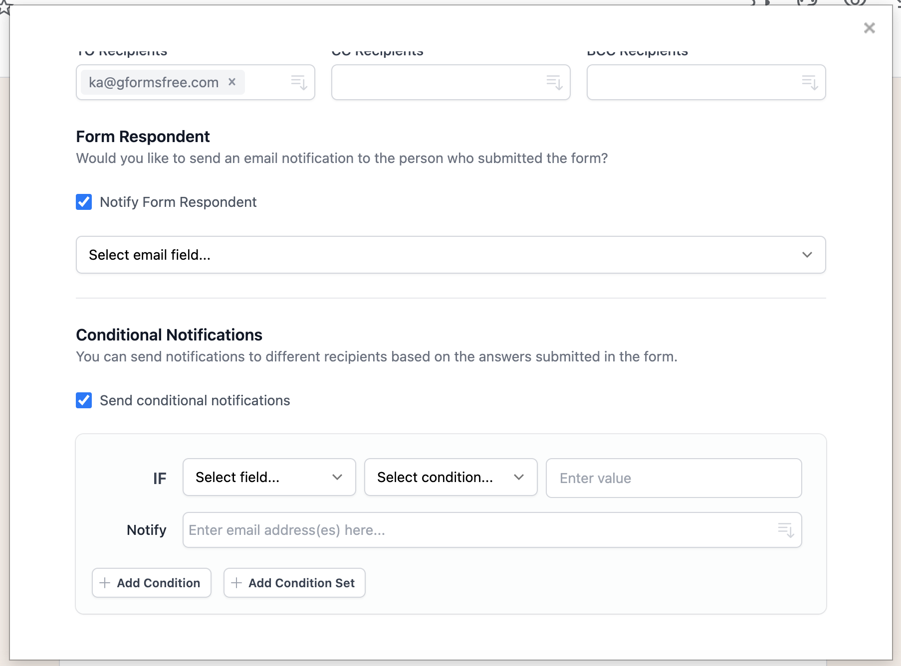 Google Forms Notification - Notification rules and conditions settings panel