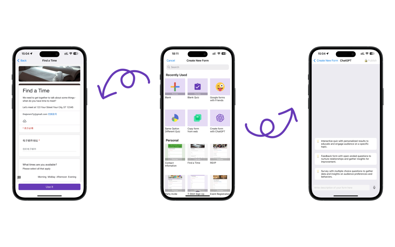 Google Forms iOS App - Form creation interface with templates and ChatGPT integration for easy form building