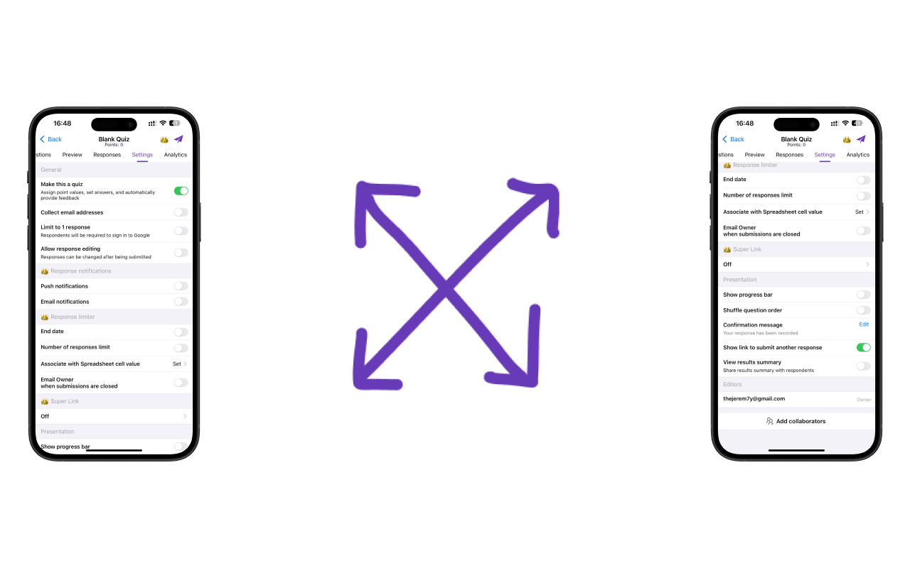 Google Forms iOS App - Advanced limit settings for response count, end date, and presentation options