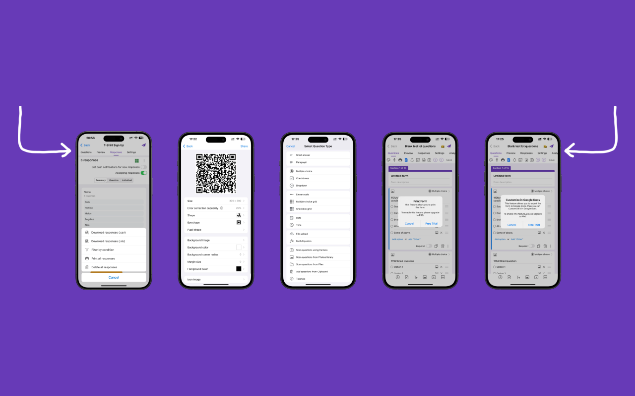 Google Forms iOS App - Data analysis tools with export options to Google Docs, Sheets, and QR code generation