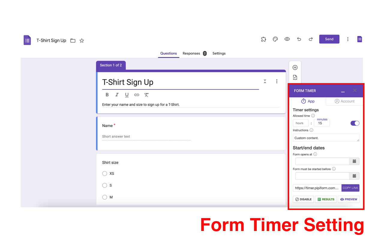 Google Forms Timer - Main interface with countdown settings and time limit management