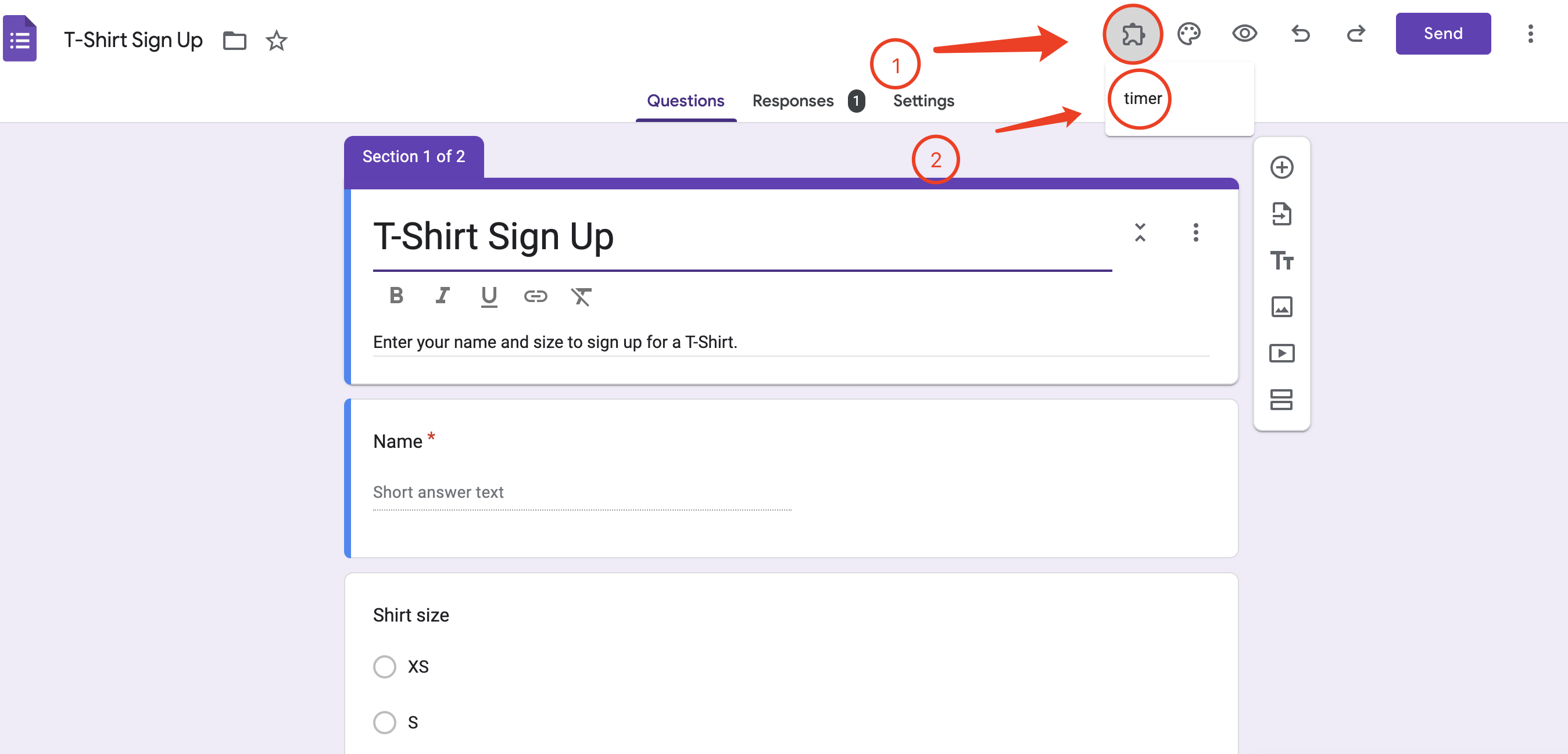 Google Forms Timer - Installation and activation process from the add-ons menu