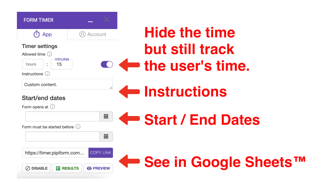 Google Forms Timer - Detailed configuration panel for time limits and timer options